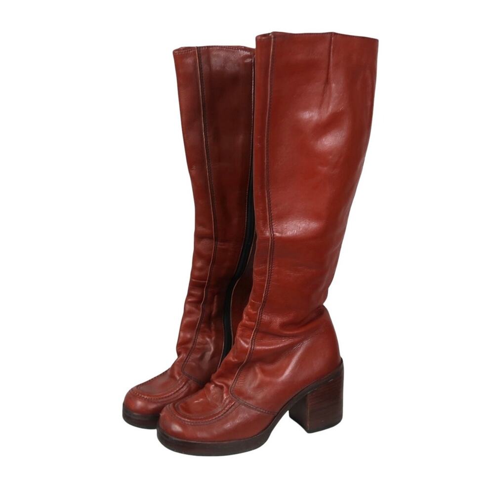Vintage 70s Rust Red-Brown Leather Knee High Platform Heel Boots 5.5